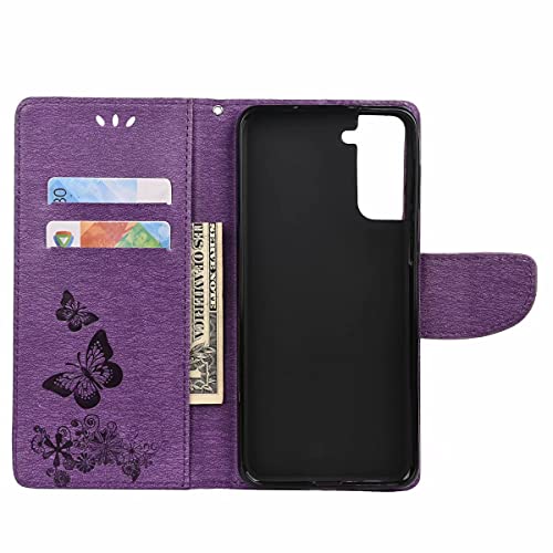Reevermap Samsung S21 FE Case, Galaxy S21 FE 5G Case, Shockproof Flip Wallet Card Slots PU Leather Embossed Butterfly Stand Magnetic Cover for Sa