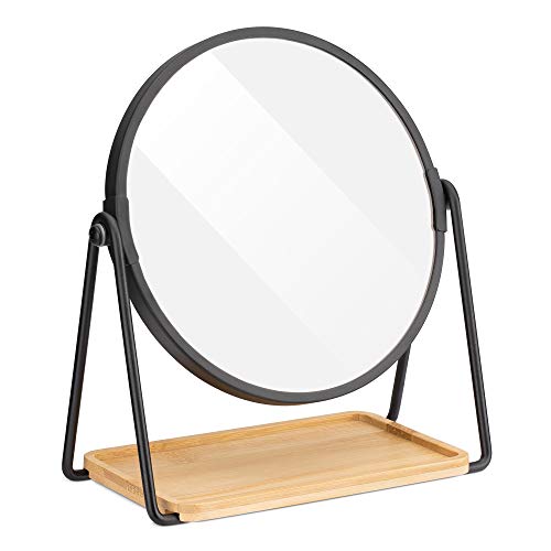 Navaris Tabletop Mirror with Tray - Double-Sided 1x/2x Magnifying Makeup Mirror with Bamboo Base - For Dressing Table, Bathroom, Bedroom - Black