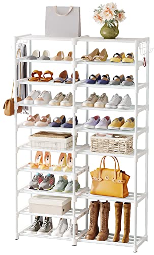 Tribesigns Shoe Rack Organizer, 32-40 Pairs Storage Shelf, 9 Tiers Stand, for Closet, Boot Organizer with 2 Hooks, Stackable Tower