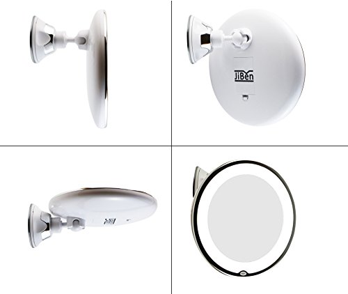 JiBen LED Lighted 10X Magnifying Makeup Mirror with Power Locking Suction Cup, Bright Diffused Light and 360 Degree Rotating Adjustable Arm, Port