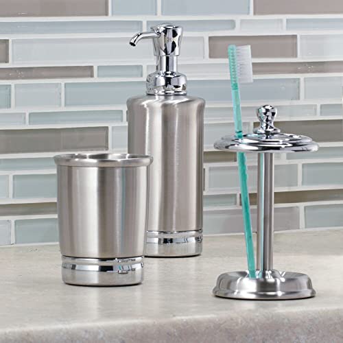 mDesign Set of 4 Stainless Steel Bathroom Accessories - Bathroom Set Including a Soap Dispenser, Soap Dish, Bathroom Tumbler and Toothbrush Holde