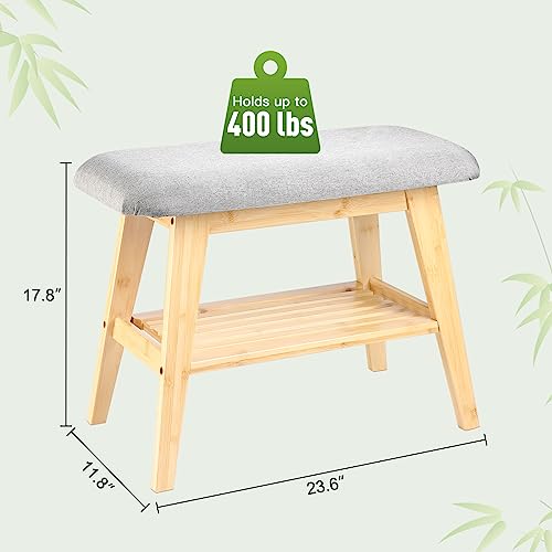Joyoolife Shoe Storage Bench with Cushion, 2-Tier Shoe Bench with Storage and Seating, Bamboo Shoe Storage Bench with Cushion and Shelves
