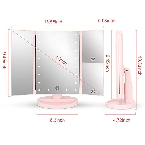 deweisn Tabletop Mount Tri-Fold Lighted Vanity Mirror with 21 LED Lights, Touch Screen and 3X/2X/1X Magnification, Two Power Supply Modes Make Up