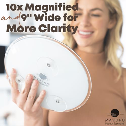 Mavoro 10x Magnifying Mirror Suction Cup Mirror. 9in Large Makeup Mirror with Magnification and 3 Strong Suction Cups. Large Magnified Mirror, Sh