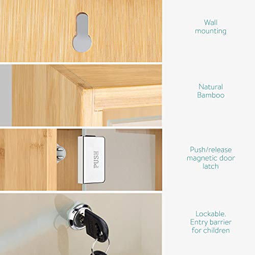 Navaris Medicine Cabinet - Lockable Bamboo Cabinet with First Aid Cross, Tempered Glass and Magnet Closing - Wall Mounted Bathroom Cabinet