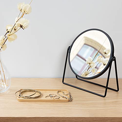 Navaris Tabletop Mirror with Tray - Double-Sided 1x/2x Magnifying Makeup Mirror with Bamboo Base - For Dressing Table, Bathroom, Bedroom - Black