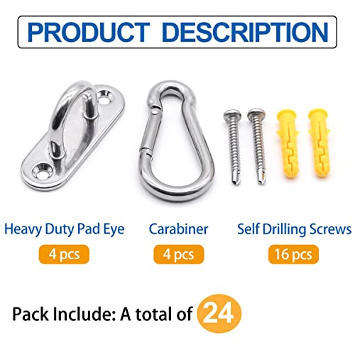 MgcTolBox 4 Set M6 Eye Pad Plate and Metal Staple Ring Hook Heavy Duty Metal Pad Eye Plate and Carabiner Clips with 16 PCS Screws for Yoga Swings