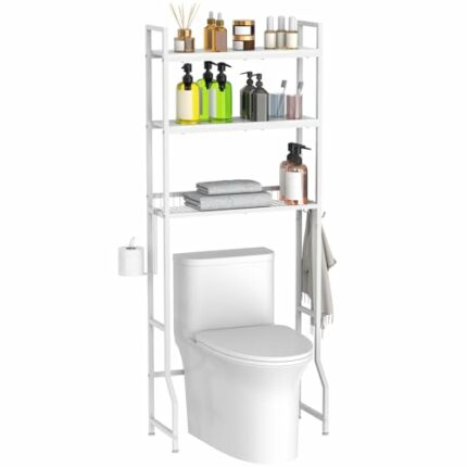 Over The Toilet Storage, Above Toilet Storage Rack White, 3 Tier Shelf Bathroom Space Saver with Adjustable Shelf Over Toilet Bathroom Organizer