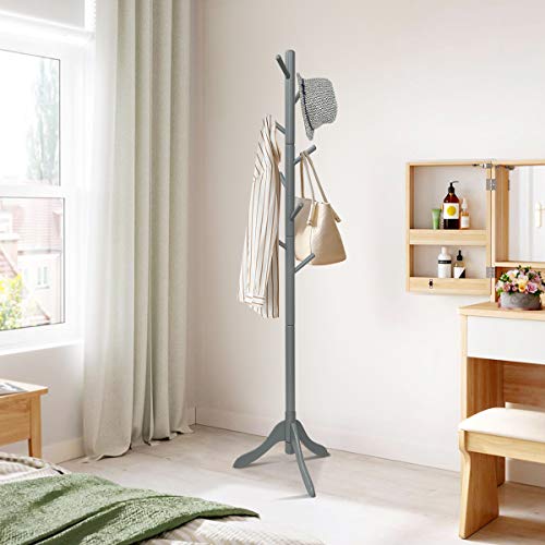 Tangkula Wooden Tree Coat Rack Freestanding, Entryway Coat Stand with 8 Hooks, Height Adjustable Coat Tree, Coat Hanger Stand for Home Office Hal
