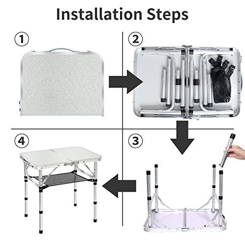 MYCOQU Small Folding Camping Table, 3 Heights Adjustable Portable Camp Tables, 2ft 23.6''L x 15.7''W Aluminum Lightweight Picnic Table with Mesh
