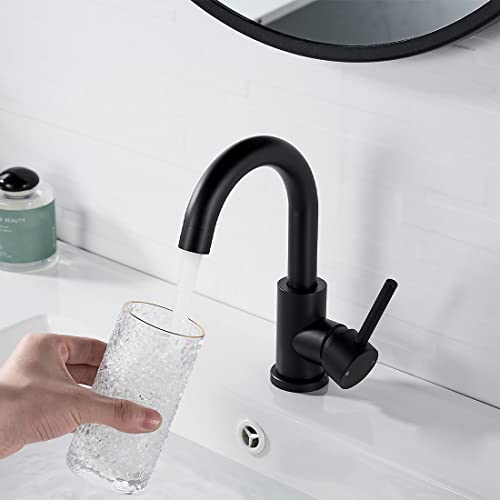 NewEast Basin Mixer Tap with Pop up Waste and Swivel Spout, Modern Black Brass Single Lever Bathroom Sink Tap Mixer