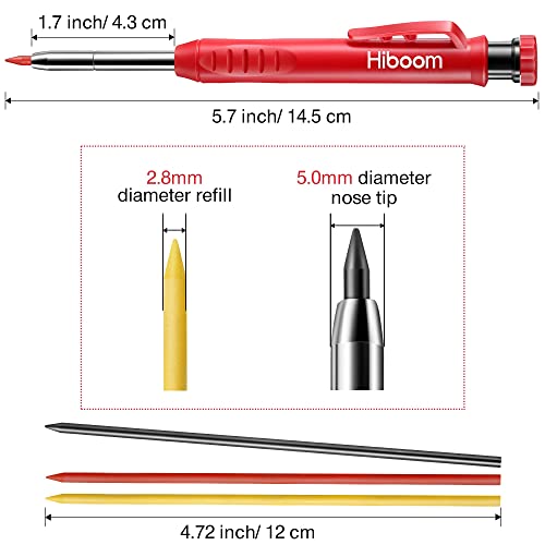 Hiboom 2 Pack Solid Carpenter Pencil with 14 Refill, Long Nosed Deep Hole Mechanical Pencil Marker with Built-in Sharpener for Carpenter Woodwork