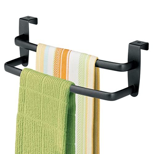 mDesign Double Tea Towel Holder for Hanging Over The Kitchen Cupboard Door - Towel Rack - No Drilling Necessary - Also Suitable as a Bath Towel H