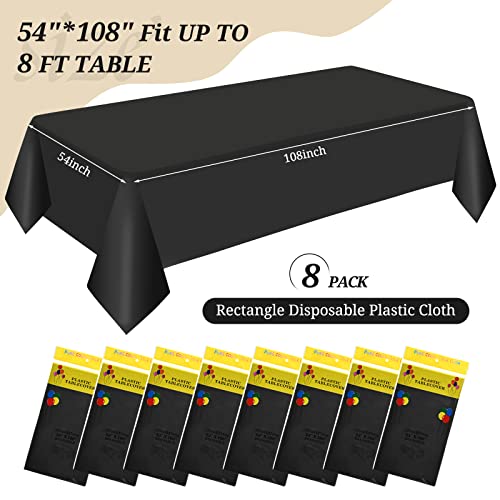 Pack of 8 Black Rectangle Plastic Tablecloth Disposable Tablecloth 54 Inch x 108 Inch Decorative Table Cloth for Picnic BBQ, Party, Wedding, Banq