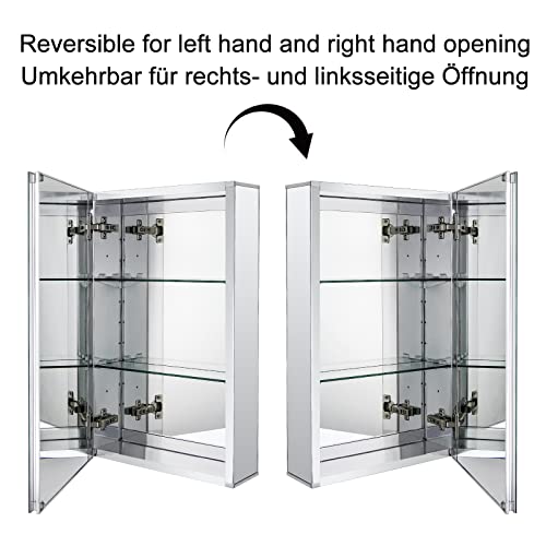 Fundin Aluminum Bathroom Mirror Cabinet Recess Mount or Surface Mount, with Framless Double Sided Mirror Door, 38 x 61 cm