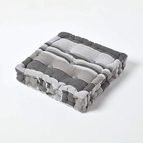 HOMESCAPES Morocco Striped 100% Cotton Floor Cushion Beige 40 x 40 x 8 cm Square Indoor Garden Dining Chair Booster Seat Pad Cushion