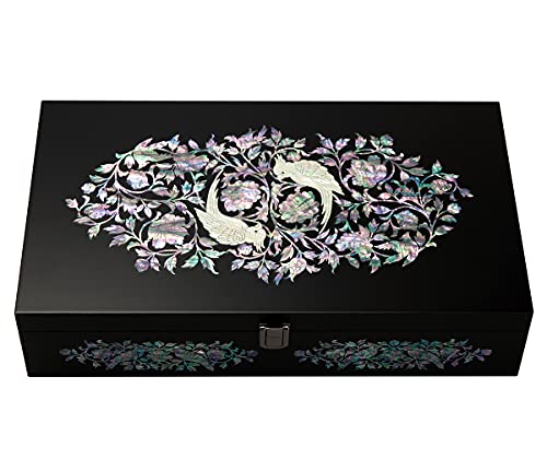 Mother of Pearl Crane Bird and Pine Tree Design Purple Wooden Jewellery Drawer Mirror Trinket Keepsake Treasure Gift Asian Lacquer Box Case Chest