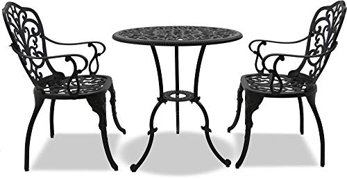 Homeology BANGUI Garden & Patio Table & 2 Large Chairs with Armrests Cast Aluminium Bistro Set - Black