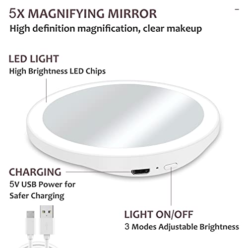 LED Lighted Magnifying Mirror 5X - with Suction Cup, Dimmable Light, Rechargeable, Portable Travel Makeup Vanity Bathroom Shaving Mirror for Clos