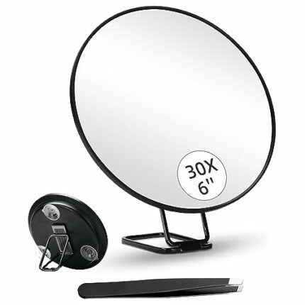 30X Magnifying Mirror, 6inch Large Makeup Mirror with 30X Magnification, 3 Suction Cups and 360° Adjustable Stand for Handheld, Table, Wall-Mount