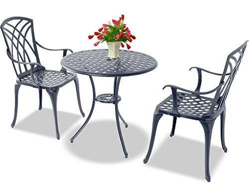 Homeology OSHOWA Grey Aluminium Weatherproof Outdoor Table and 2 Comfortable Chairs with Armrests Bistro Set with Green Cushions