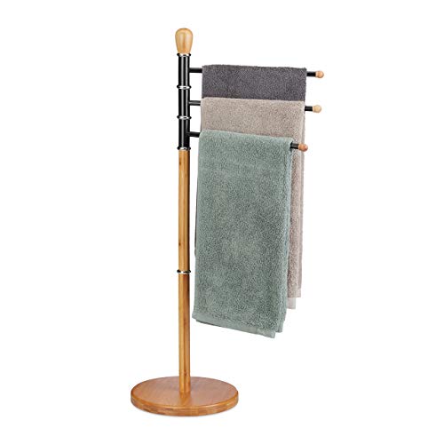 Relaxdays Towel Holder Stand, Adjustable, No Drilling, 3 Towel Rails, Bamboo, Metal, HWD: 94 x 48 x 48 cm, Natural 10024766