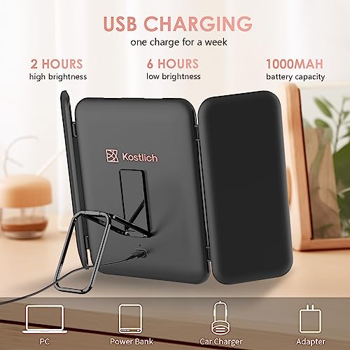 Kostlich Travel Trifold Vanity Mirror with 3 Color Lights, Rechargeable 1X/3X/7X Magnifying Mirror, Portable Light Up Makeup Mirror