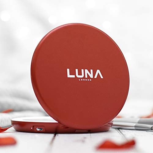 LUNA London Compact 2.0 Travel Mirror in Scarlet Red | Travel Makeup Mirror with Light | LED Lighted Vanity Mirror with 3 Light Modes | 7X Magnif