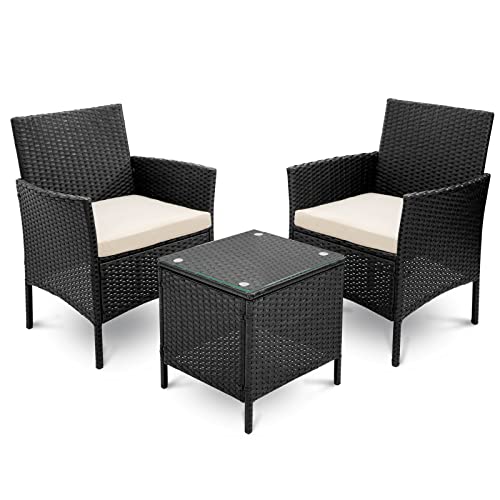 Rattan Garden Furniture Set 3 Piece Patio Outdoor Furniture Set Includes Cushion One Glass Table