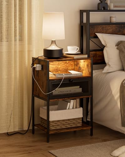 Masupu Nightstand with Charging Station, Bedside Table with Storage Drawer and Open Wood Shelf, Side Table for Bedroom,Living Room