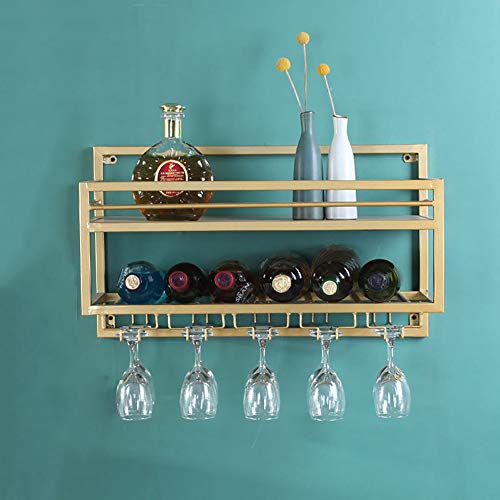 HUANGXING - Industrial Wine Racks Wall Mounted with 5 Stem Glass Holder,23.6in Metal Hanging Wine Holder Wine Accessories,2 Tiers Wall Mount Bott