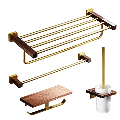 SMLJLQ Solid Wood Walnut Towel Rack Bathroom Towel Rack Bathroom Shelf Brushed Gold Bathroom Hanging Rod Wall Hanging Set