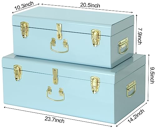 Vixdonos Metal Trunk Decorative Storage Box Set of 2 College Dorm Chest with Handle (Light Blue)