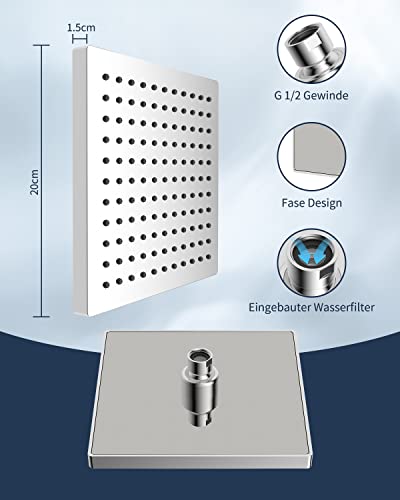 Hibbent Rain Shower Head 8 Inch, Stainless Steel Cover Rain Shower Head, Square Built-in Shower Heads, Mirror-Like Appearance, Swivelling Beam An