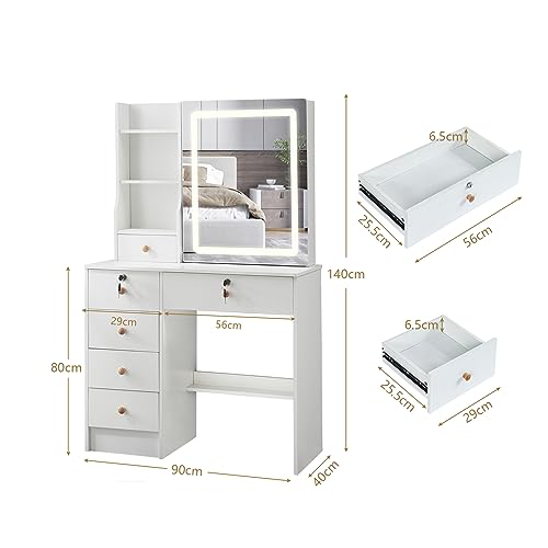 Makeup Vanity Dresser with Mirror and LED Light, 6 Drawers and Shelves Dressing Table with 3 Lighting Modes Brightness Adjustable, Makeup Table w