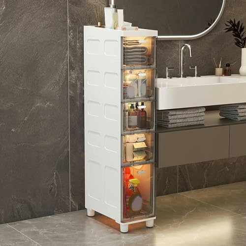Slim Bathroom Cabinet Storage, Large Capacity Slim Toilet Paper Storage Cabinet with Clear Plastic Drawers Casters Narrow Tall Slim Floor Cabinet