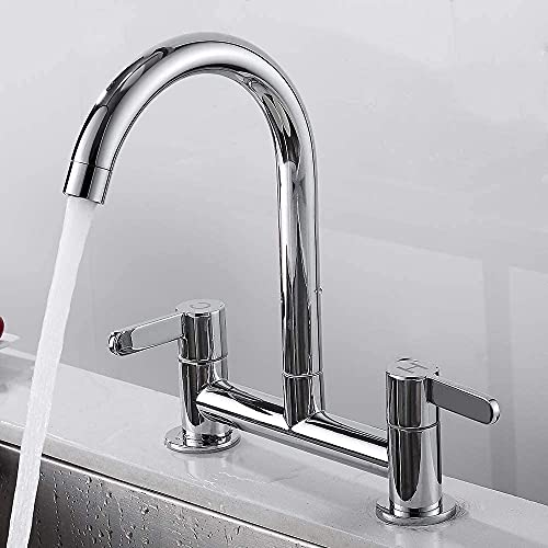 Gpoty Kitchen Sink Mixer Taps Chrome Dual Lever 1/4 Turn Easy Use 2 Hole Deck Mounted Mounted Cold and Hot Mixer Tap