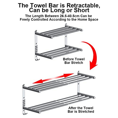 HONPHIER Towel Rails Wall Mounted Chrome 2 Tier Adjustable Towel Bars Stainless Steel Towel Rack With Hooks 43-78CM Towel Shelves for Kitchen Bat