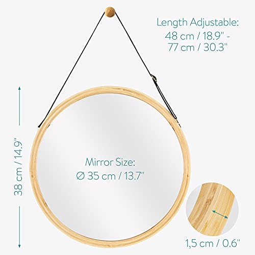 Navaris Round Hanging Mirror - Small Bamboo Wall-Mounted Contemporary Modern Design Mirror with Adjustable Strap for Living Room, Bedroom, Hallwa