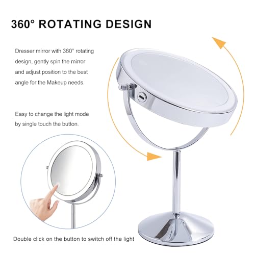 Mokoze Lighted Makeup Mirror, Rechargeable Stand Up Mirror, 8" Double Sided 1X/10X Magnification with 3 Color Lights 360 ° Rotating Touch Control