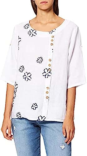 Bonateks, Pure Linen Shirt with Embroidery and Buttons on The Front, 100% Linen, UK Size: 10, US Size: M, Tops, White - Made in Italy, White, 6