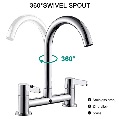 Ghopy Dual Lever Kitchen taps Mixers 2 Hole Deck Mounted Cold and Hot Mixer Tap Modern 360° Swivel Spout Brass Basin Bridge Mixer tap (Chrome)