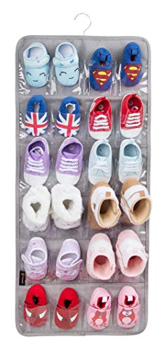 PACMAXI Over The Door Shoes Organizer for 12 Pairs of Baby Shoes Boys Girl, Hanging Baby Shoe Organizer with Hanger(Polyester Material-Grey)