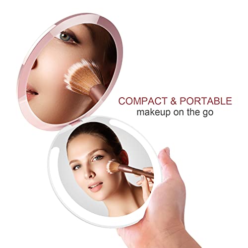 Kostlich Compact Makeup Mirror with Dimmable LED Lights, 1x/7x Magnifying, Rechargeable 127mm Wide Portable Travel Mirror for Handbag Purse, Whit