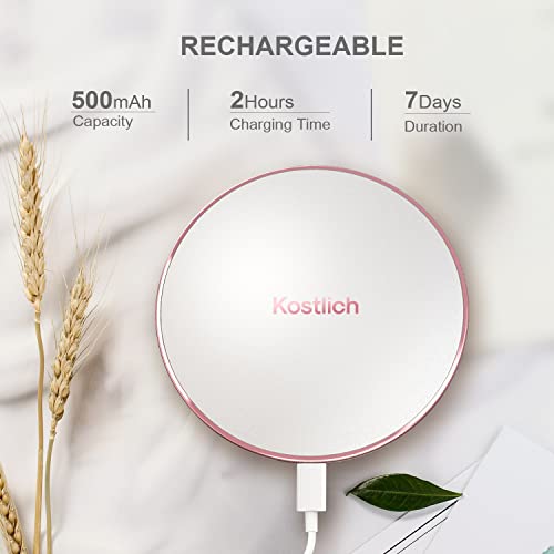 Kostlich Compact Makeup Mirror with Dimmable LED Lights, 1x/7x Magnifying, Rechargeable 127mm Wide Portable Travel Mirror for Handbag Purse, Whit