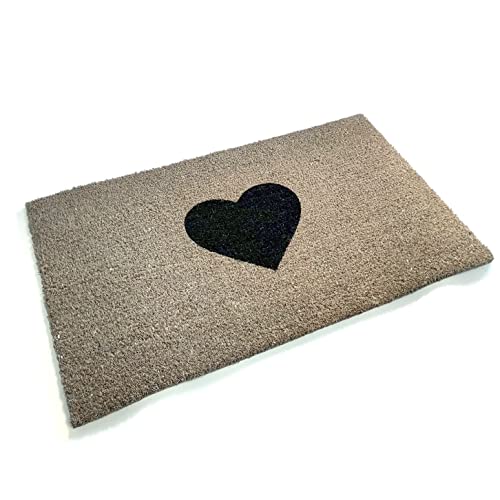 Black Ginger Large, Thick, Decorative, Patterned Coir Door Mats with Nature Designs (Grey Heart)