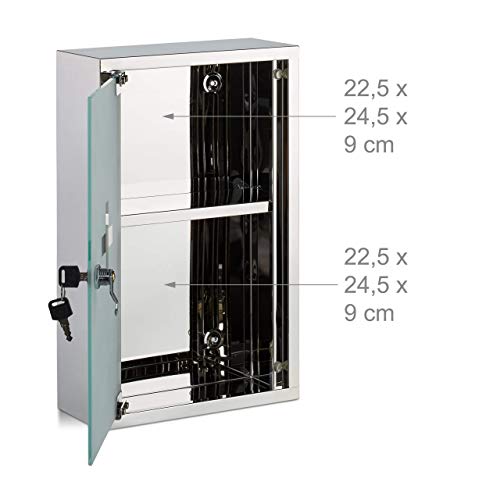 Relaxdays Stainless Steel Cabinet, Glass Door, 2 Compartments, Lockable, Home Pharmacy, Shiny, Silver, H x W x D: app. 40 x 25 x 11 cm