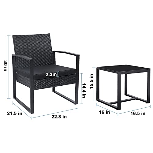 Devoko Rattan Bistro Set 2 Seater 3 Piece Garden Furniture Set Outdoor Patio Furniture with Cushion and 1 Glass Coffee Table for for Balcony, Yar