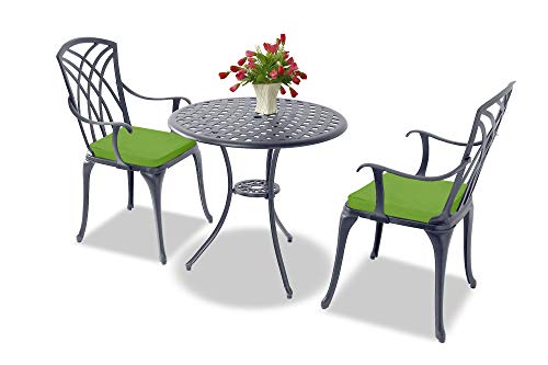 Homeology OSHOWA Grey Aluminium Weatherproof Outdoor Table and 2 Comfortable Chairs with Armrests Bistro Set with Green Cushions
