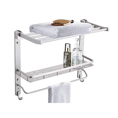 RSOCHS Towel Rack with Shelf for Bathroom Foldable Shower Towel Holder Wall Mounted Stainless Steel Brushed
